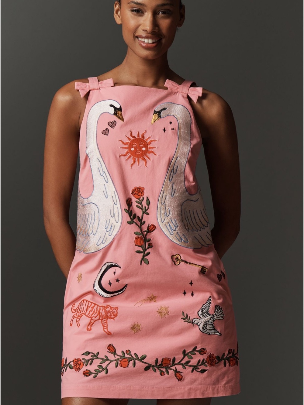 Pink Embroidered Swan Shift Dress from Anthropologie
